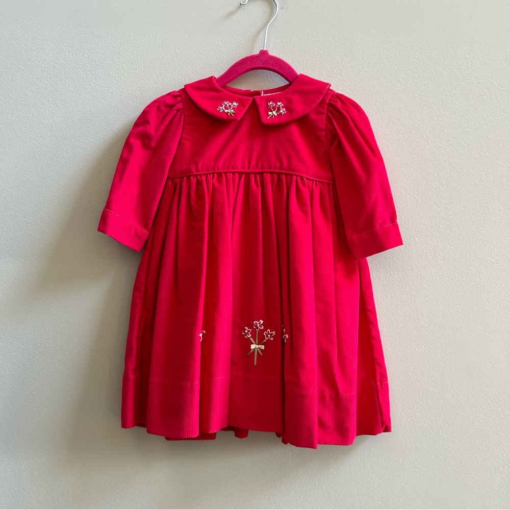 NWOT Strasburg Hot Pink Corduroy Embroidered Dress, Size 6M infant.